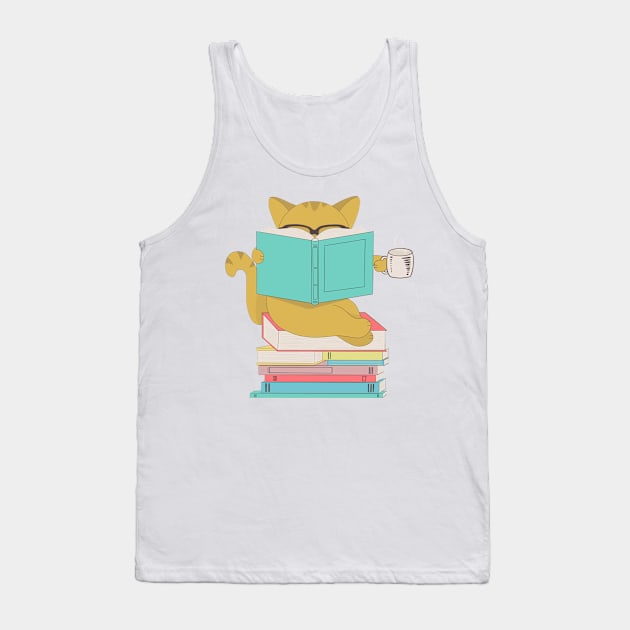 Cat with glasses drinking coffee or tea and reading book Tank Top by gogo-jr